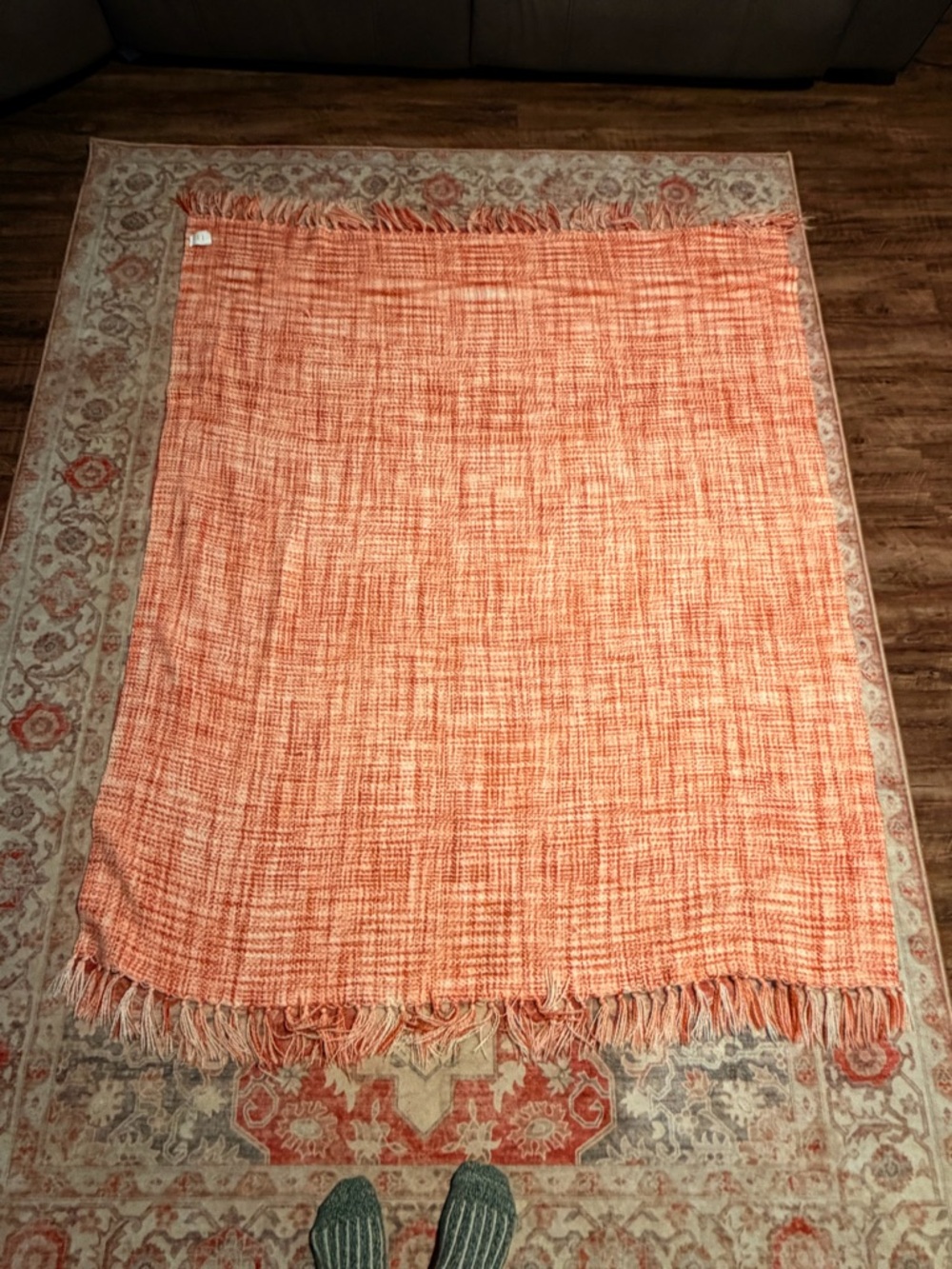Laura Ashley Orange Woven Throw Blanket with Fringe